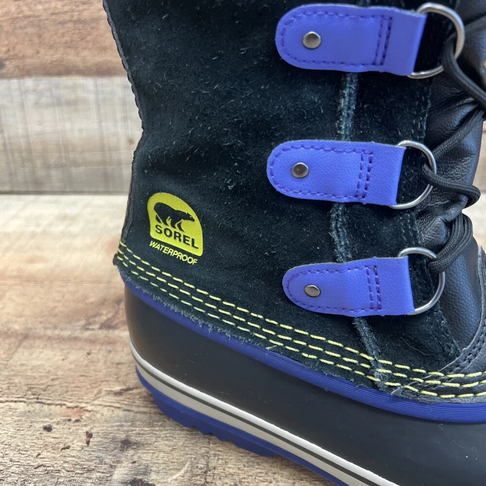 Sorel Waterproof Girls Youth Snow Boots Black/Purple Suede/Rubber Size 6 (38)